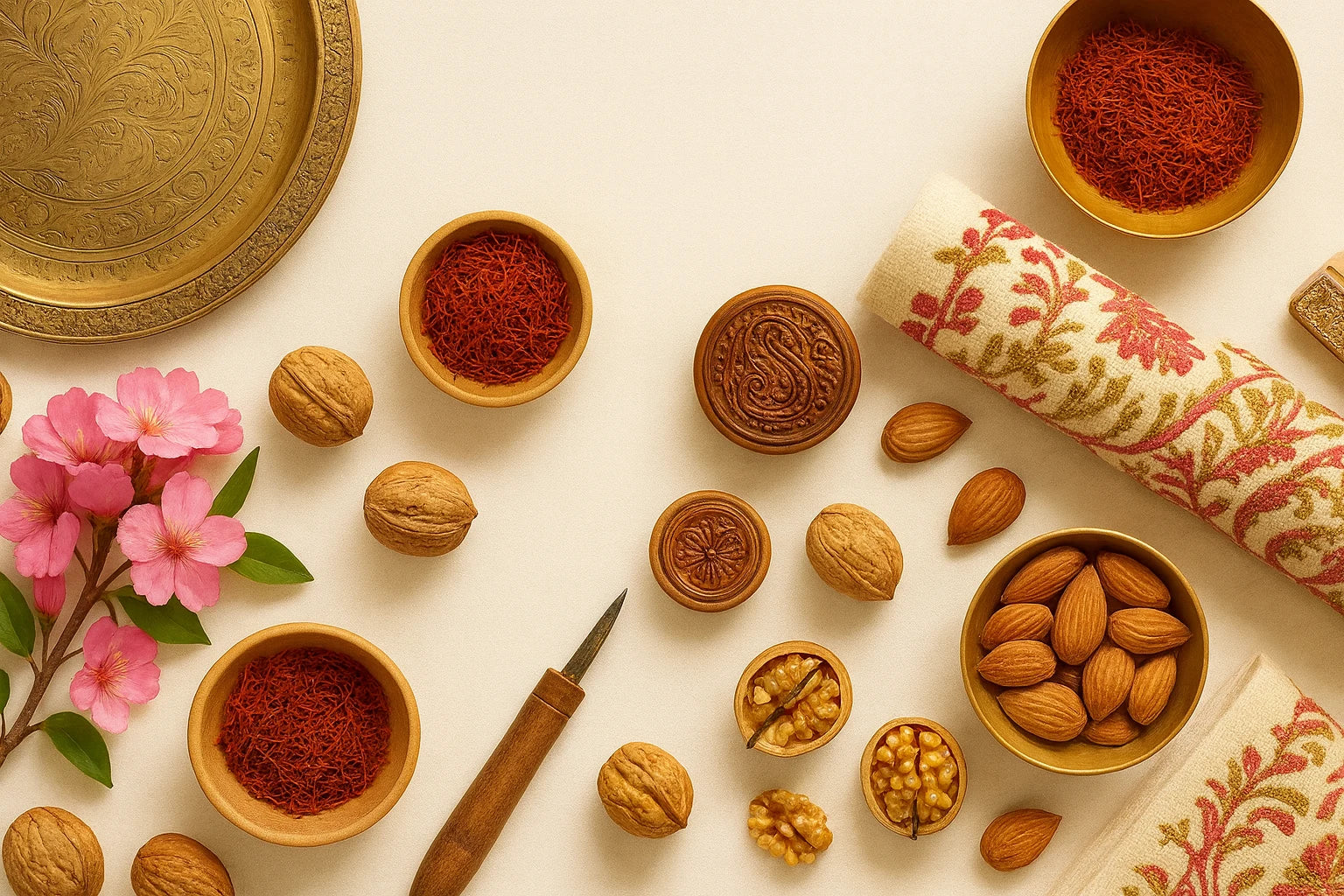Spices, nuts, and decorative items on a light background representing banner Image of Kashmiril