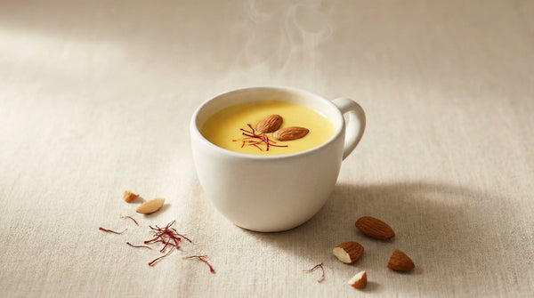 Step-by-step guide for making Kesar Doodh with images of ingredients and process.