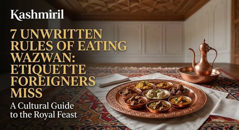 7 Unwritten Rules of Eating Wazwan: Etiquette Foreigners Miss. A traditional copper platter filled with feast dishes.