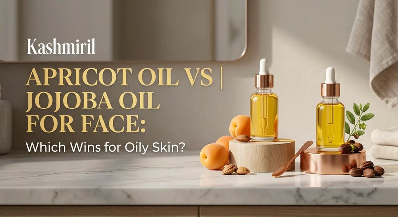 APRICOT OIL VS JOJOBA OIL FOR FACE: Which Wins for Oily Skin? Golden oil dropper bottles with fresh apricots and jojoba on marble.
