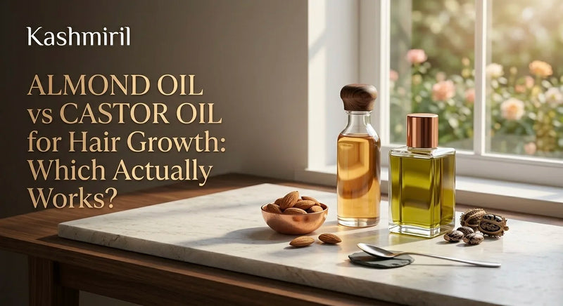 Almond Oil vs Castor Oil for Hair Growth: Which Actually Works? Bottles of oil, almonds, and castor seeds on marble.