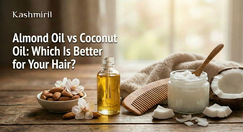 Almond oil vs coconut oil for hair: glass bottle of golden almond oil beside almonds and jar of white coconut oil with wooden comb on rustic table