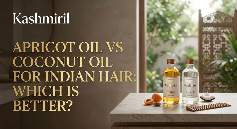 Apricot Oil vs Coconut Oil for Indian Hair: Which is Better? Bottles of both oils, fresh apricot, coconut, and a wooden comb.