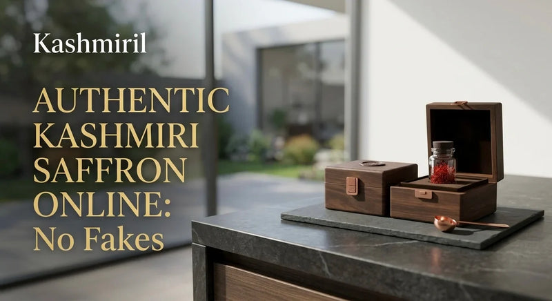 Authentic Kashmiri Saffron Online: No Fakes. Luxurious wooden boxes, saffron jar, and a copper spoon on dark marble.