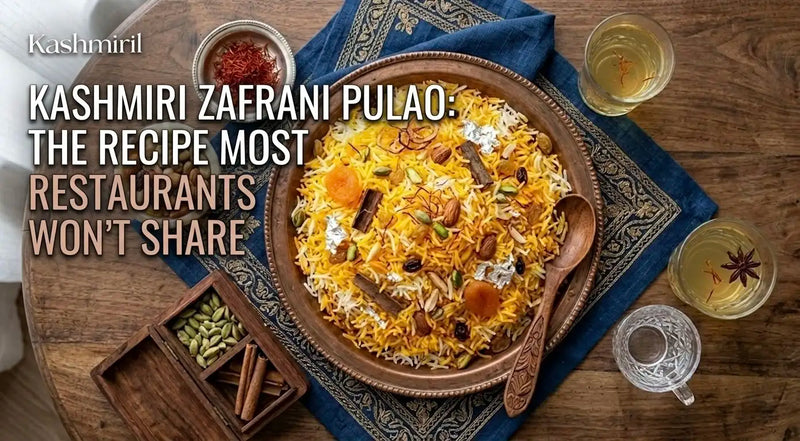 Authentic Kashmiri Zafrani Pulao recipe by Kashmiril. Text overlay: "The recipe most restaurants won't share" over fragrant saffron rice garnished with nuts.