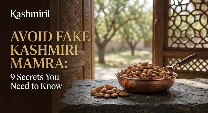 Avoid Fake Kashmiri Mamra: 9 Secrets You Need to Know. Copper bowl of authentic kashmiri mamra almonds on stone.