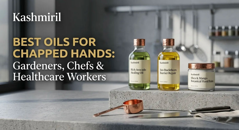 Kashmiril | BEST OILS FOR CHAPPED HANDS: Gardeners, Chefs & Healthcare Workers. Trio of Rich Avocado Healing Oil, Sea Buckthorn Barrier Repair, and Shea & Mango Hand Balm on kitchen counter.