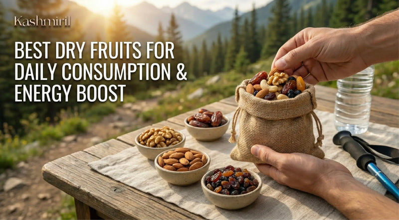 Person selecting dry fruits from a bag with a scenic background with featuring text "Best Dry Fruits For Daily Consumption & Energy Boost"