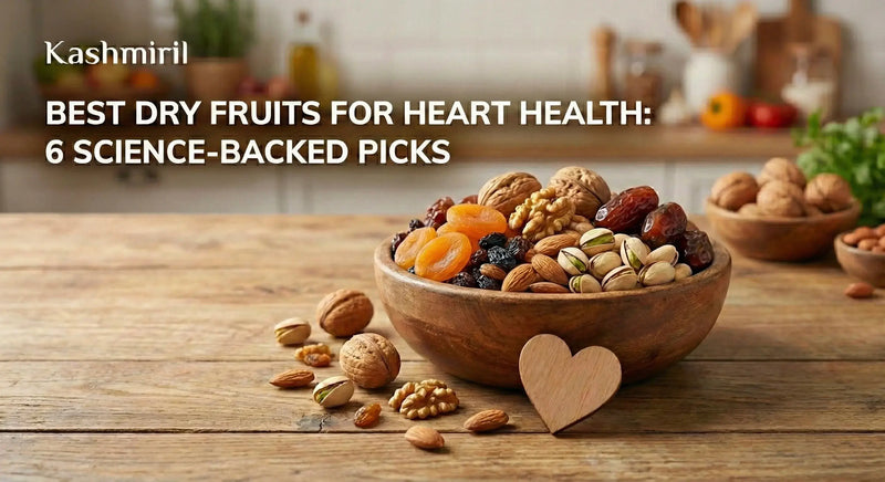 Bowl of heart-healthy dry fruits including walnuts, almonds, pistachios, dried apricots, dates and raisins with wooden heart decoration - Best Dry Fruits for Heart Health: 6 Science-Backed Picks