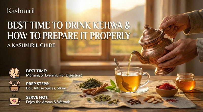 Text on left written as Best Time To Drink Kehwa and How to Prepare It Properly, and on right Tea-making scene with Kashmiri Kehwa, including a teapot, saffron, cups, and tea leaves on a wooden table.