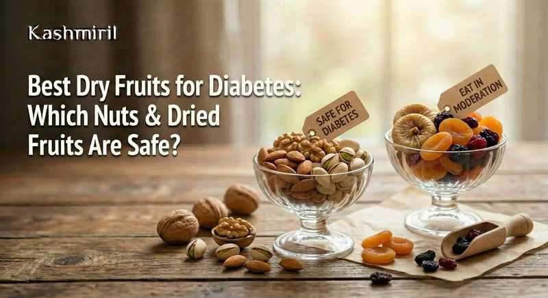 Best dry fruits for diabetes: glass bowls displaying nuts safe for diabetics including almonds, walnuts, and pistachios alongside dried fruits like apricots and figs to eat in moderation