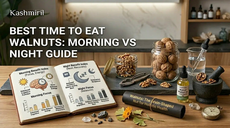 Best time to eat walnuts morning vs night guide — open book showing brain and sleep benefits with Kashmiri walnuts and walnut oil