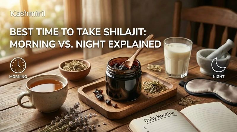 Best time to take Shilajit morning vs night — jar of Shilajit resin on a wooden table with warm water, milk, herbs, and a daily routine journal showing morning and night timing options.