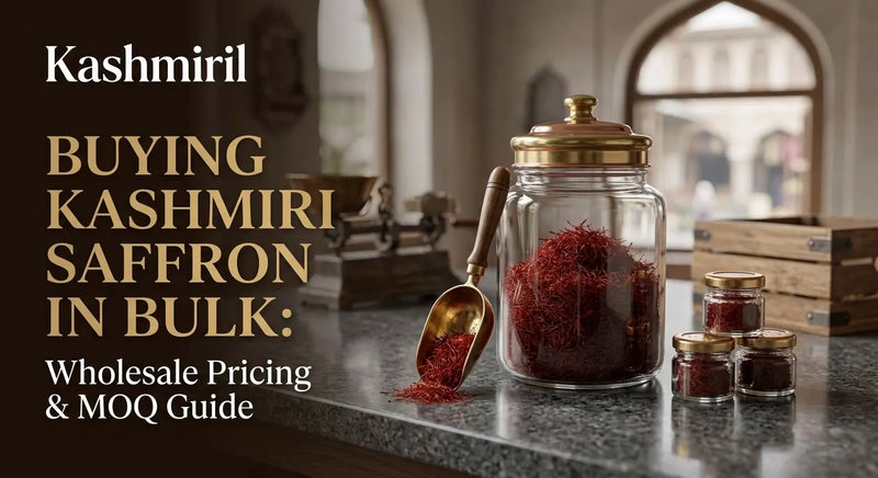 Buying Kashmiri Saffron in Bulk: Wholesale Pricing & MOQ Guide. Large jar of Kashmiri Mongra saffron & copper scoop.
