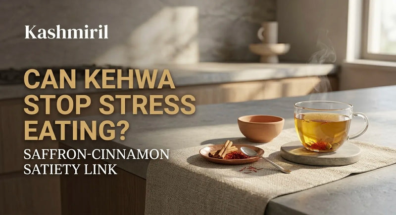 Kashmiril - CAN KEHWA STOP STRESS EATING? SAFFRON-CINNAMON SATIETY LINK. Steaming glass of saffron kehwa with spices on a calm kitchen table.
