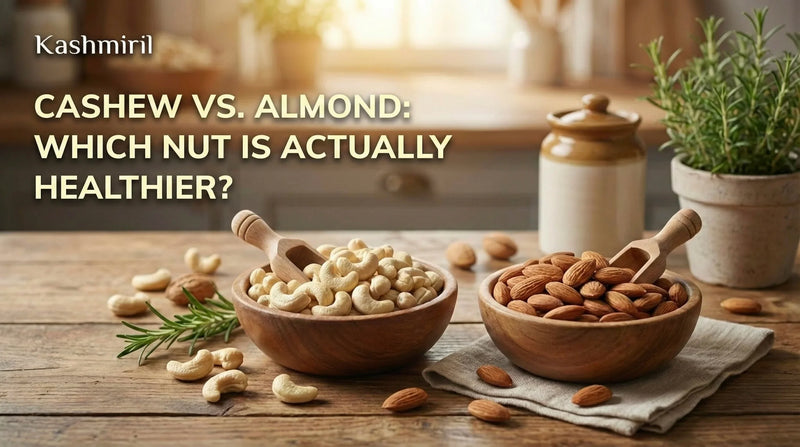 Two wooden bowls filled with cashews and almonds on a rustic wooden table, featuring the text 'Cashew vs Almond: Which nut is actually healthier?' and the Kashmiril logo.