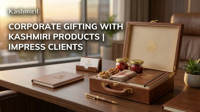 Corporate Gifting with Kashmiri Products: Premium leather gift box containing Kashmiri saffron jars, Mamra almonds, and Pashmina stole displayed on executive desk with Kashmiril branding