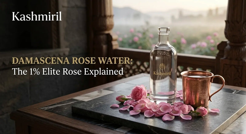 DAMASCENA ROSE WATER: The 1% Elite Rose Explained by Kashmiril. Premium clear glass bottle of Damascena rose water beside a copper mug, surrounded by fresh pink roses and petals on marble, with misty mountain garden view.