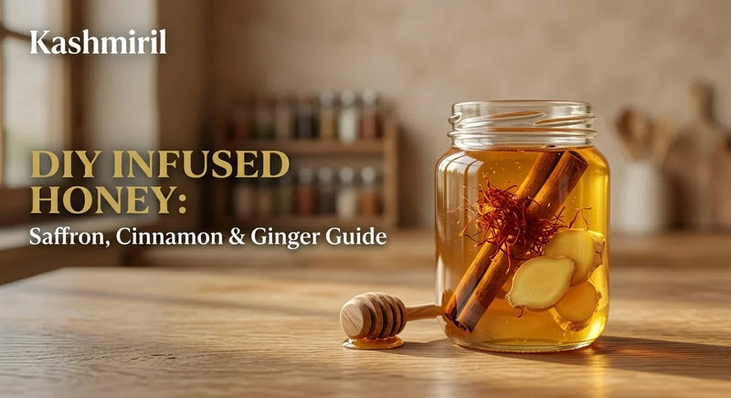 DIY INFUSED HONEY: Saffron, Cinnamon & Ginger Guide. Golden honey in a glass jar infused with saffron threads, cinnamon sticks and fresh ginger slices on a rustic wooden table with a honey dipper. Kashmiril.