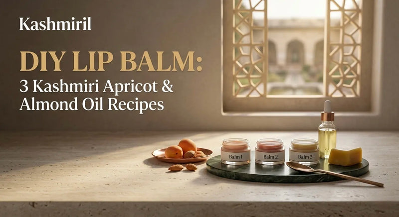 DIY LIP BALM: 3 Kashmiri Apricot & Almond Oil Recipes. Three elegant balm jars with fresh apricots, almonds and dropper bottle on marble surface. Kashmiril.
