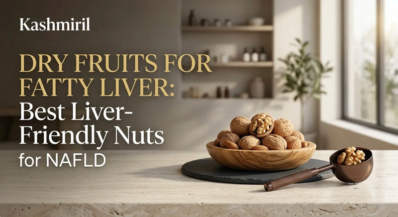 DRY FRUITS FOR FATTY LIVER: Best Liver-Friendly Nuts for NAFLD. Wooden bowl of walnuts and almonds on a bright stone countertop.