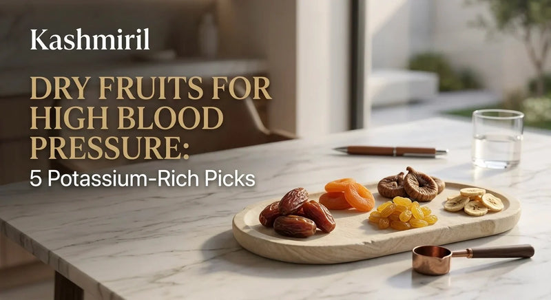 DRY FRUITS FOR HIGH BLOOD PRESSURE: 5 Potassium-Rich Picks. Wooden tray with dates, apricots, figs, raisins, and bananas on marble.