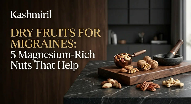 DRY FRUITS FOR MIGRAINES: 5 Magnesium-Rich Nuts That Help. Assorted healthy nuts on a wooden board in a modern dark kitchen setting.