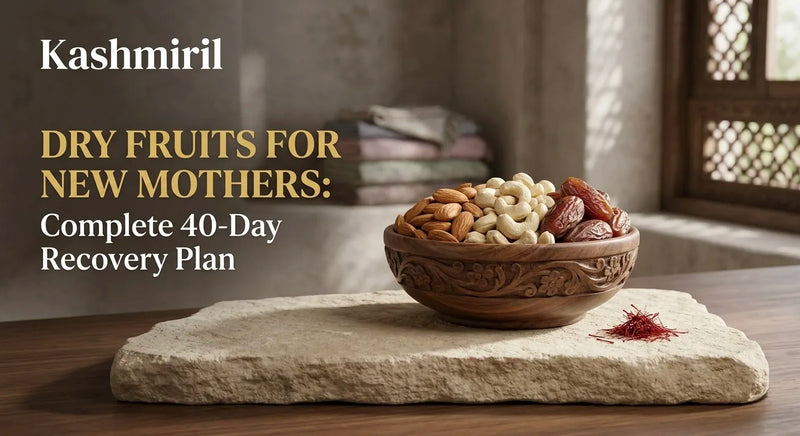 Kashmiril | DRY FRUITS FOR NEW MOTHERS: Complete 40-Day Recovery Plan. Ornate wooden bowl overflowing with almonds, cashews, dates, and saffron on stone slab.