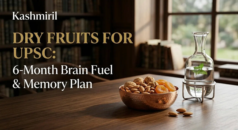DRY FRUITS FOR UPSC: 6-Month Brain Fuel & Memory Plan by Kashmiril. Copper bowl overflowing with almonds, walnuts, and apricots next to a glass carafe of infused water in a warm study environment.