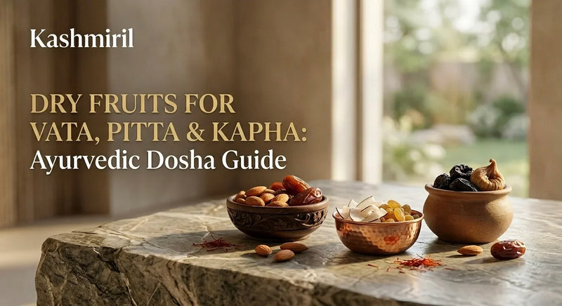 DRY FRUITS FOR VATA, PITTA & KAPHA: Ayurvedic Dosha Guide by Kashmiril. Bowls of almonds, dates, coconut, raisins, and figs beautifully arranged on marble with saffron threads.