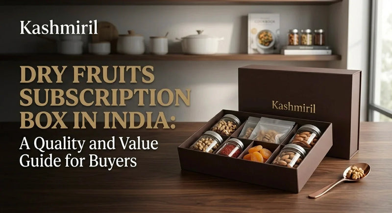 Kashmiril - DRY FRUITS SUBSCRIPTION BOX IN INDIA: A Quality and Value Guide for Buyers. Open premium brown gift box filled with assorted dry fruits and saffron jars on wooden table.