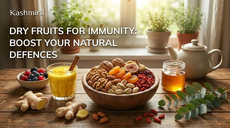 A wooden bowl of almonds, walnuts, apricots, pistachios and figs — dry fruits for immunity to boost your natural defences.