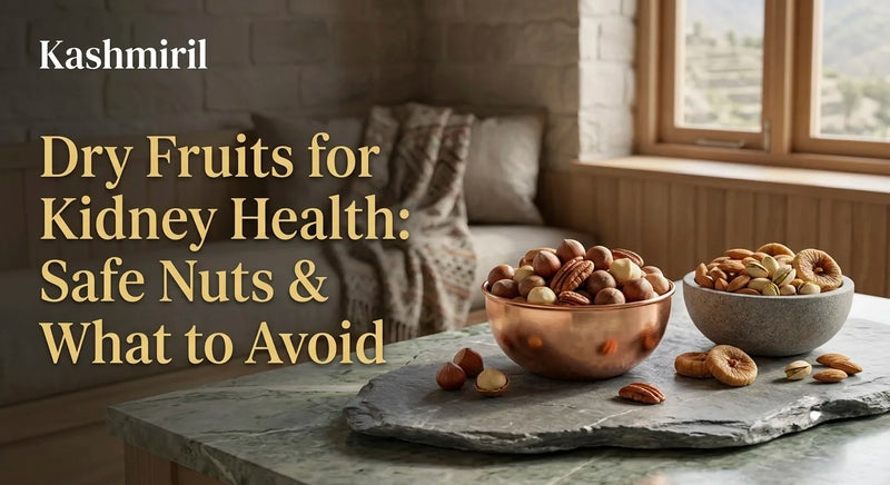 Dry Fruits for Kidney Health: Safe Nuts & What to Avoid. Bowls of Kashmiril mixed nuts, almonds, and figs on a marble countertop.