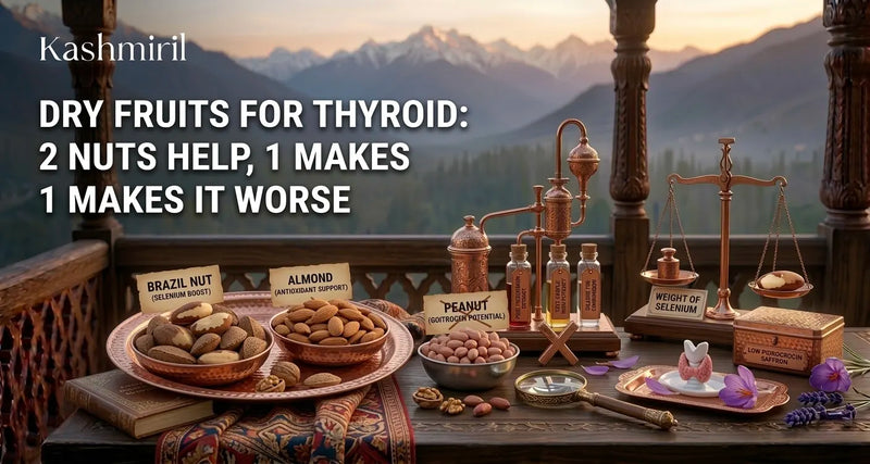 Dry Fruits for Thyroid: 2 Nuts Help, 1 Makes It Worse. Brazil nuts, almonds, and peanuts in a scenic Himalayan setting.
