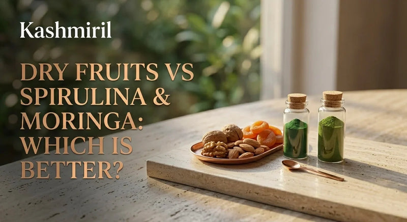 Dry Fruits vs Spirulina & Moringa: Which is Better? Walnuts, almonds, and dried apricots alongside green superfood powder vials.