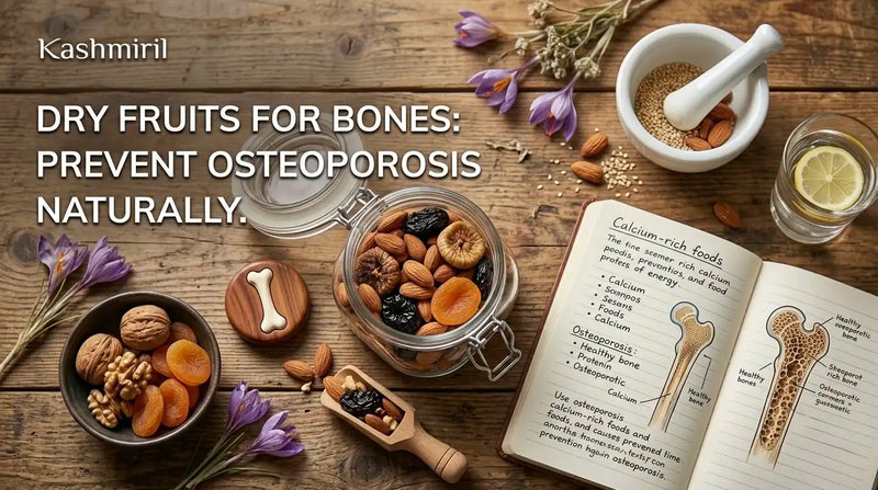 Dry fruits for bones: prevent osteoporosis naturally — almonds, walnuts, figs, apricots, and prunes on a rustic wooden table.
