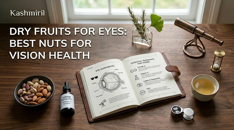 Dry fruits for eyes: best nuts for vision health — almonds, pistachios, and a guide to essential eye nutrients on a wooden desk.