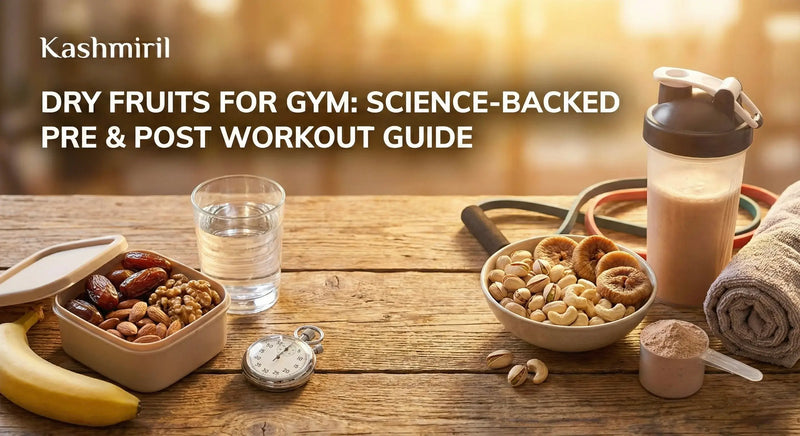 Dry fruits for gym: science-backed pre and post workout guide featuring dates, almonds, cashews, dried figs, protein shake, stopwatch on wooden table