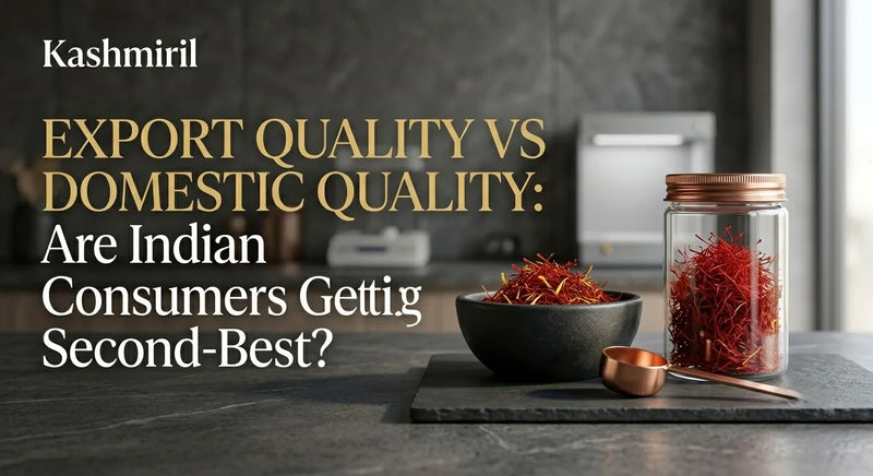 EXPORT QUALITY VS DOMESTIC QUALITY: Are Indian Consumers Getting Second-Best? Premium saffron in a bowl and jar on a kitchen counter.