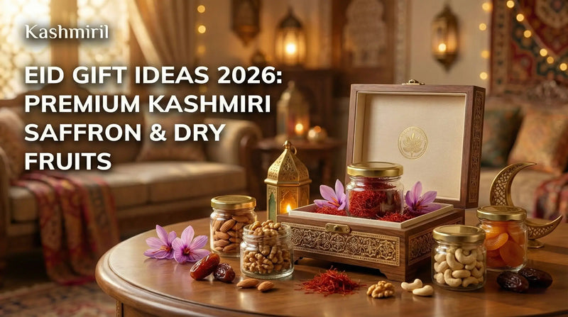 Eid Gift Ideas 2026: Premium Kashmiri Saffron & Dry Fruits collection featuring saffron jars, Mamra almonds, walnuts, cashews and dried fruits in carved wooden gift box with Ramadan lanterns and crocus flowers