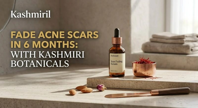 Kashmiril | FADE ACNE SCARS IN 6 MONTHS: WITH KASHMIRI BOTANICALS. Scar Fading Serum bottle beside copper bowl of saffron, almonds, and rose on minimalist concrete counter.