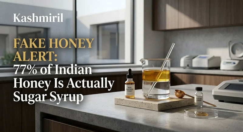 Kashmiril | FAKE HONEY ALERT: 77% of Indian Honey Is Actually Sugar Syrup. Modern kitchen lab counter with beaker of honey, REAL KASHMIRI HONEY dropper, sugar syrup bottle, and testing equipment.
