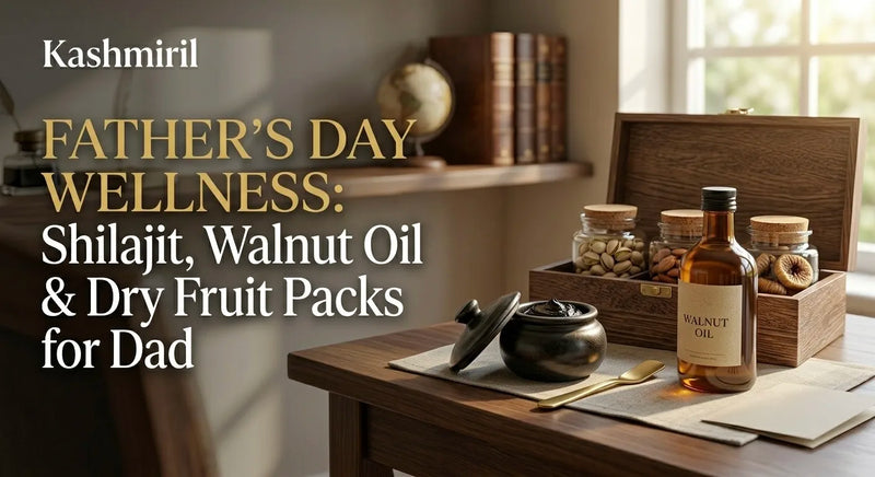 FATHER'S DAY WELLNESS: Shilajit, Walnut Oil & Dry Fruit Packs for Dad. Shilajit, walnut oil, and dry fruit box on a wooden desk.