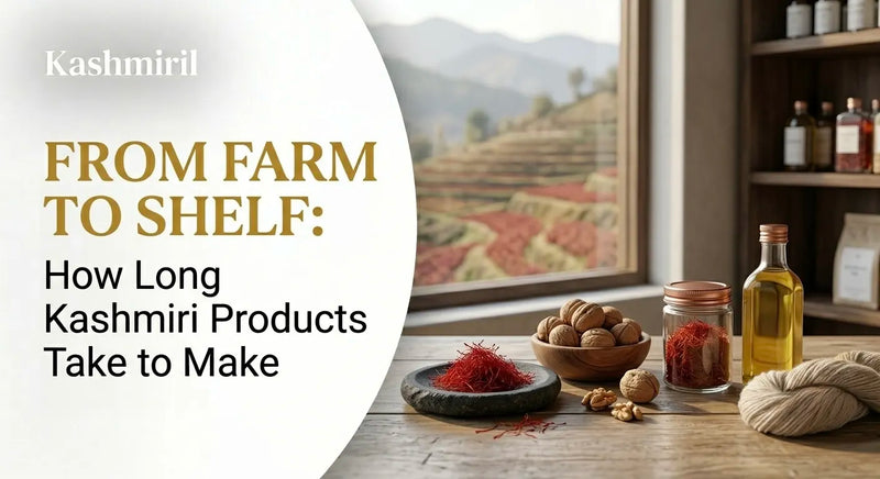 FROM FARM TO SHELF: How Long Kashmiri Products Take to Make. Saffron, walnuts, and oil by a window facing terraced farm fields.