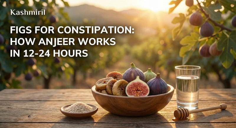 Figs for Constipation: How Anjeer Works In 12-24 Hours - Bowl of fresh and dried figs with glass of water on wooden table in fig orchard at sunrise