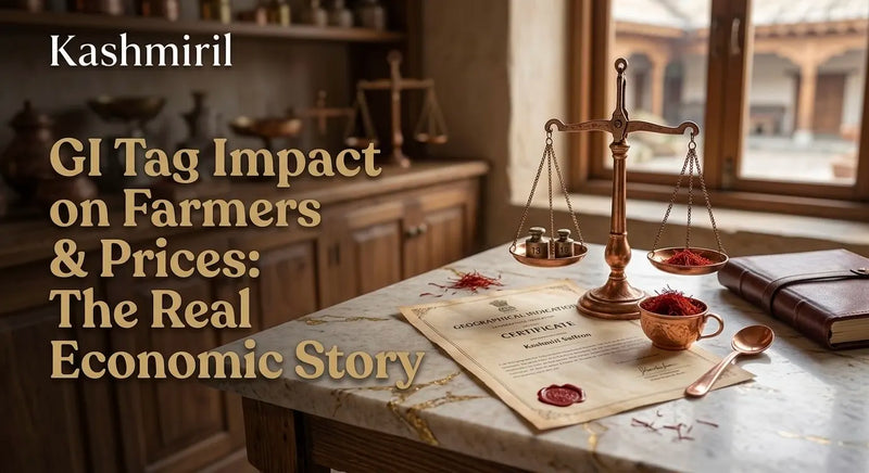 GI Tag Impact on Farmers & Prices: The Real Economic Story. Kashmiril saffron on a marble table with a vintage scale and certificate.