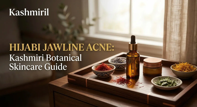 HIJABI JAWLINE ACNE: Kashmiri Botanical Skincare Guide by Kashmiril. Wooden tray with amber dropper bottle, saffron, turmeric, lavender, and fresh herbs arranged beautifully for natural jawline acne care.