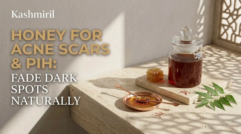 Kashmiril - HONEY FOR ACNE SCARS & PIH: FADE DARK SPOTS NATURALLY. Glass jar of honey with copper spoon and saffron on a bright windows.