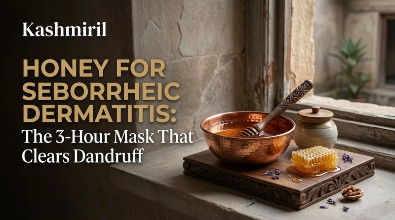 HONEY FOR SEBORRHEIC DERMATITIS: The 3-Hour Mask That Clears Dandruff. Copper bowl of golden honey with honeycomb piece on wooden tray. Kashmiril.
