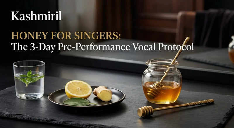 HONEY FOR SINGERS: The 3-Day Pre-Performance Vocal Protocol by Kashmiril. Glass jar of golden honey with dipper, fresh lemon, ginger, sage, and mint water on slate — ideal pre-performance vocal care.